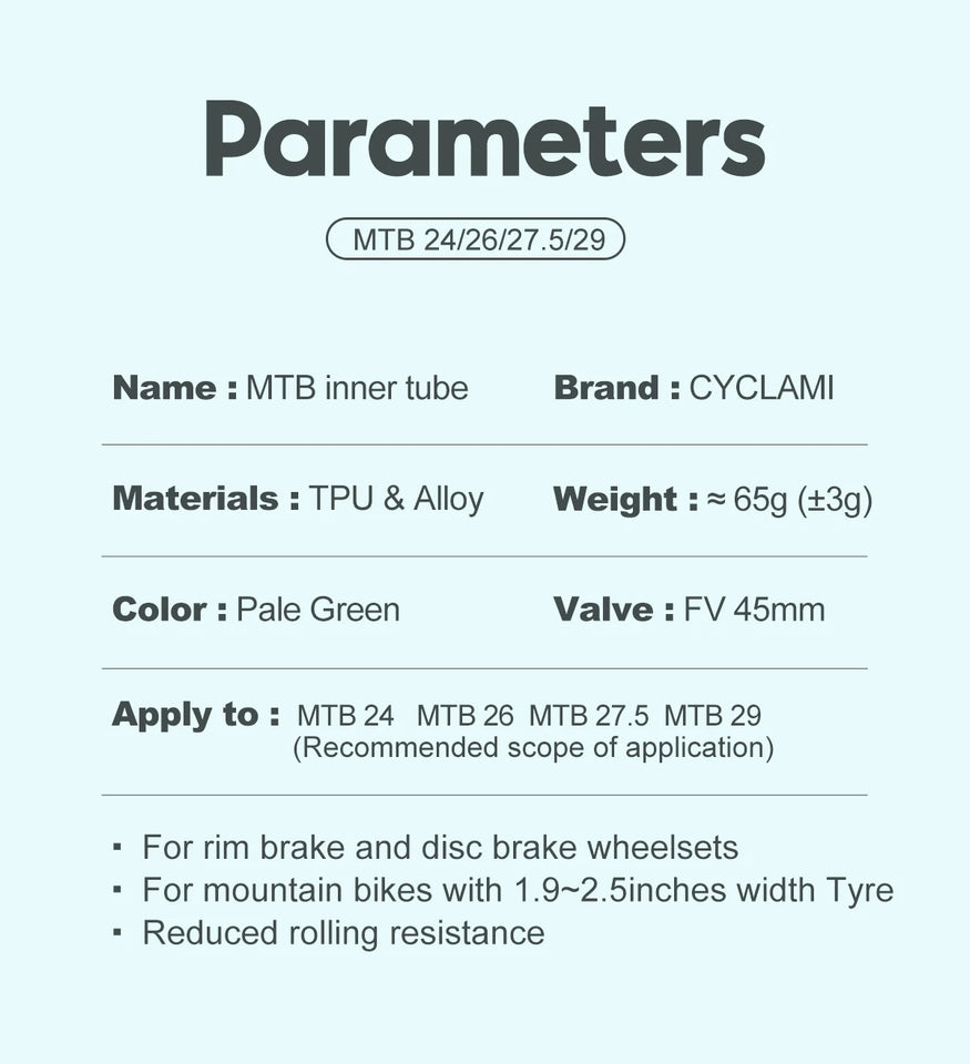 2pcs CYCLAMI Ultralight Bike Inner Tube 26 27.5 29 Inches MTB Bicycle TPU Material Bicycle Tire 45mm French Valve FV Super Light