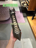 Hollow Out Cross Tie Fashion Pointed Sexy Mesh Leopard Print Perspective High-Heeled Women's Motorcycle Style Short Boots