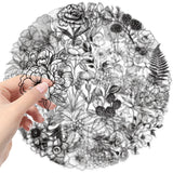 50pcs Black And White Vintage Retro Flower Plant Stickers Decals Laptop Scrapbooking Journal Planner Card Making PET Stickers﻿
