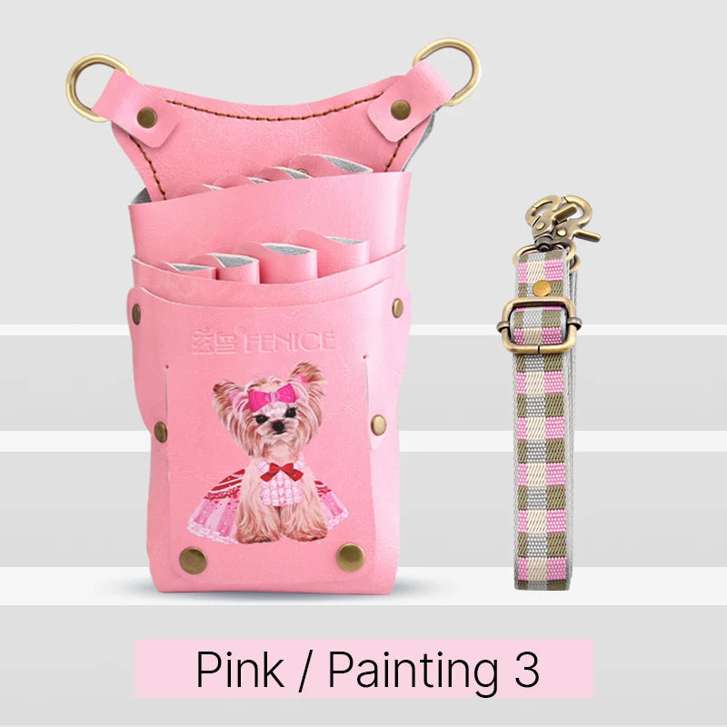Fenice scissors storage bag,hold 8 scissors, 8 paintings, 6 colors cowhide,waist bag, pet beautician, barber's special waist bag