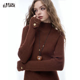 ELFSACK 2025 Winter New Arrivals Elegant Minimalist Classic Slim Fit Half High Neck Solid Gold Button Cuff Knit Sweater For Wome