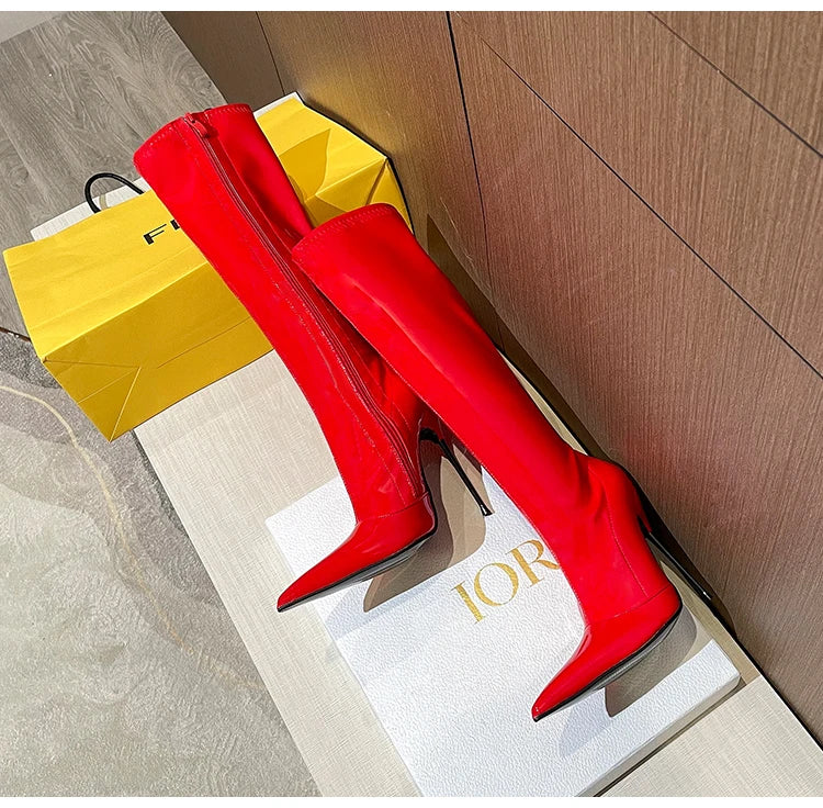 Knee-High Modern Boots Pointy Toe Women Shoes 13cm Ultra Thin Steel High Heels Metal Heel Calf Boots for Women Fun Shoes Size 46