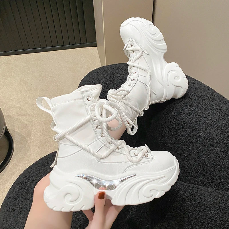 Women Ankle Boots Autumn Chunky Shoes Woman High Platform Breathable Sneakers 7.5CM Thick Sole Wedges Motorcycles Boots Winter