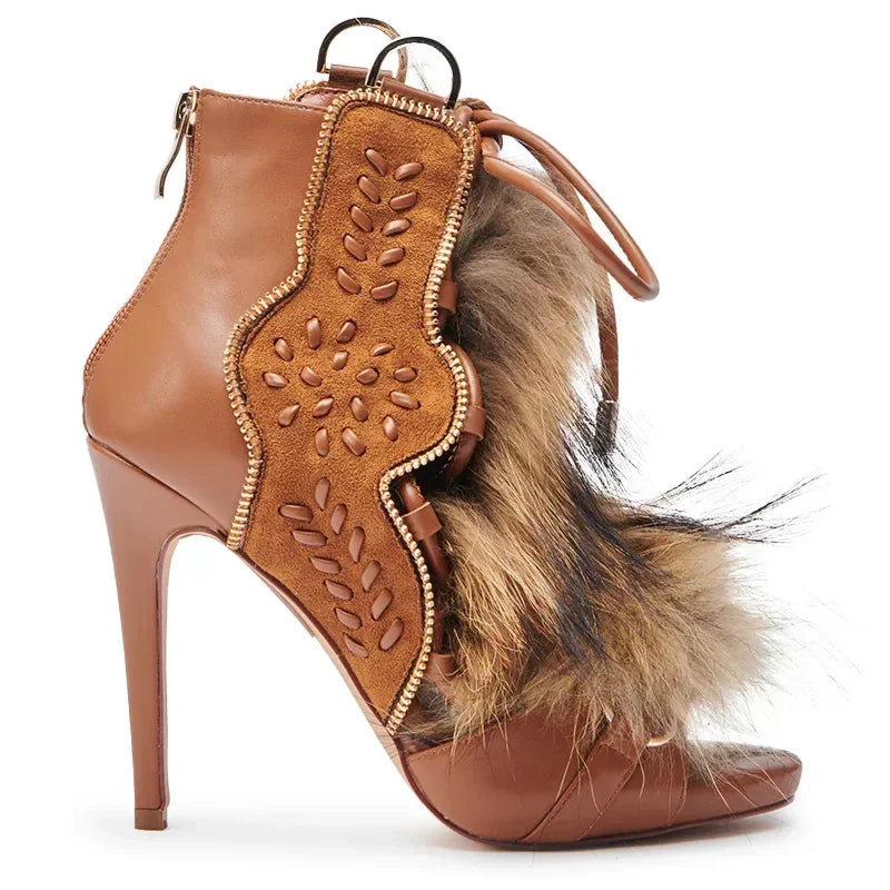 Fur Peep Toe Cross Tied Platform Sandal Boots Sexy Round Toe Thin Heel Zippeer New Arrivals Fashion Women Modern Boors