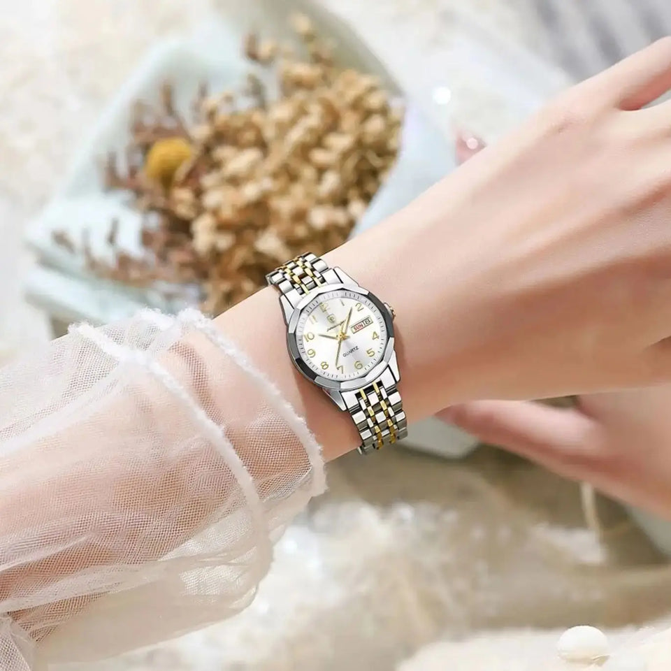 POEDAGAR Elegant Ladies Watches Waterproof Luminous Date Week Watch for Woman High Quality Stainless Steel Quartz Women's Watch