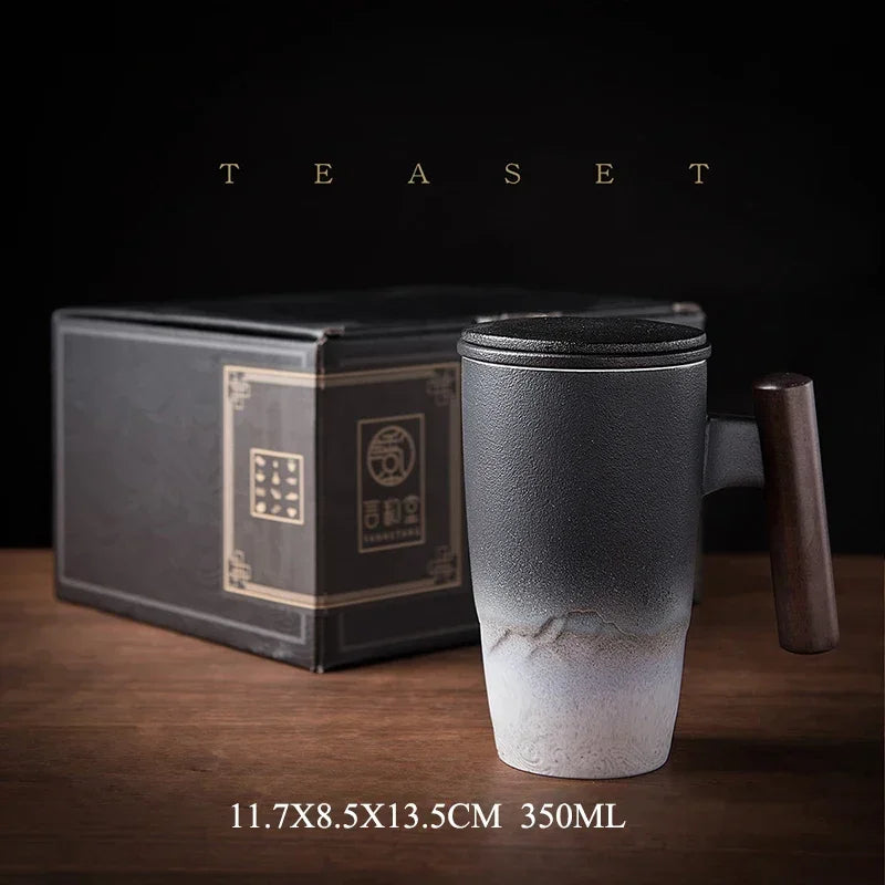 Luxury Retro Tea Cup Ceramic Mug Large Capacity Office Filter Black Water Cup with Cover Mugs Wooden Handle Cups Gift Ideas Box