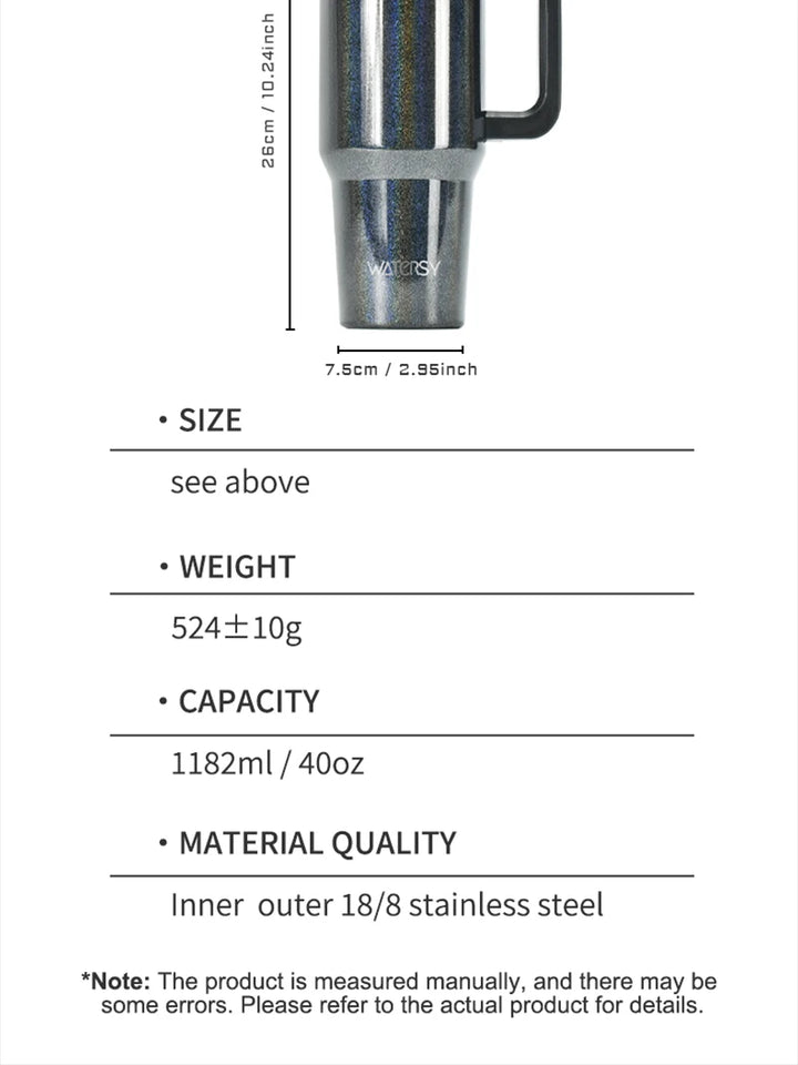 WATERSY 30oz/40oz Stainless Steel Thermal Cup Large Capacity Tumbler with Handle & Straw Insulated Mug Travel for Coffee
