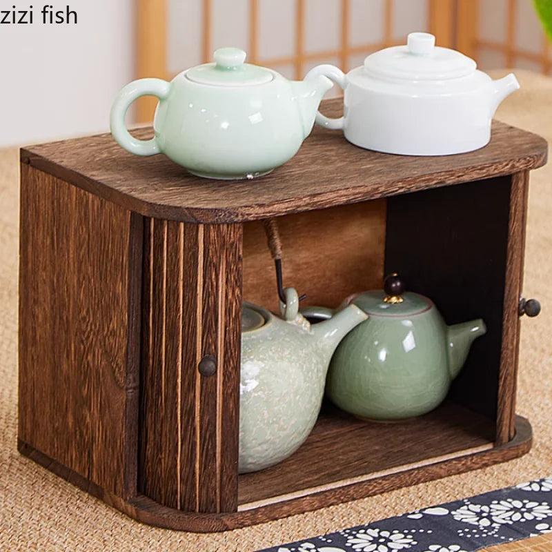 Solid Wood Storage Box Dustproof Display Rack Rolling Shutter Door Tea Cup Storage Rack Cabinet Organizer Desktop Shelf