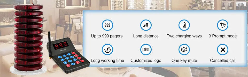 RETEKESS T119 Wireless Restaurant Paging System Coaster Vibrater Buzzer Receiver 2-Way Charge for Cafe Food Trucks