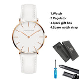1 Set Women Leather Watches Minimalist Style 6.9mm Ultra Thin Dial Black Gift Box Adjuster Spare Strap Women's Dress Wristwatch