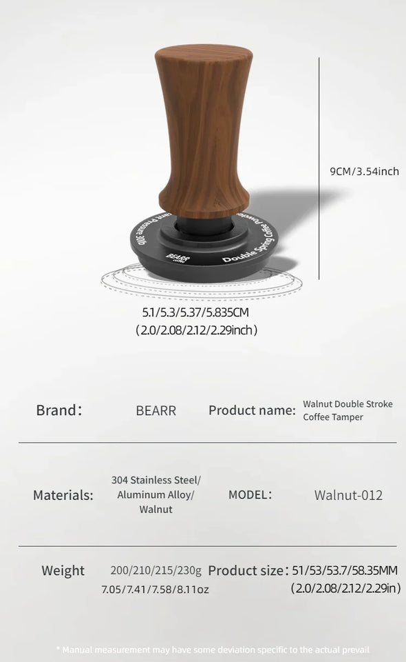 BEARR Coffee Tamper Double Spring Coffee Powder Walnut Handle Constant Pressure SpringCoffeeTamper 51/53/53.7/58.35 Barista Tool