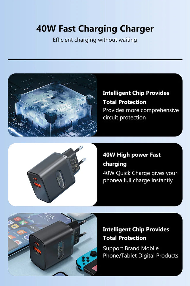 40W USB Type C Charger Dual Port QC4.0 PPS PD 20W Quick Fast Charging Mobile Phone Charger Adapter for iPhone Samsung Xiaomi