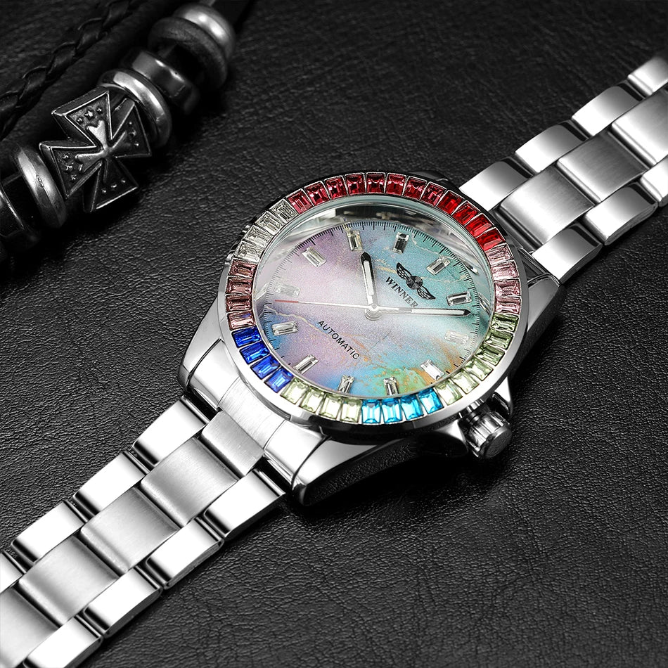 2024WINNER Original Colored Diamonds Mechanical Waterproof Men's Watch Automatic Movement Stainless Steel Luxury Watches