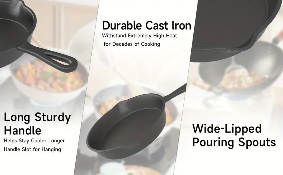 3PCS Pre-Seasoned Cast Iron Skillet Set, Pans for Oven Grill Campfire, Durable Cookware for Home Outdoor Cooking