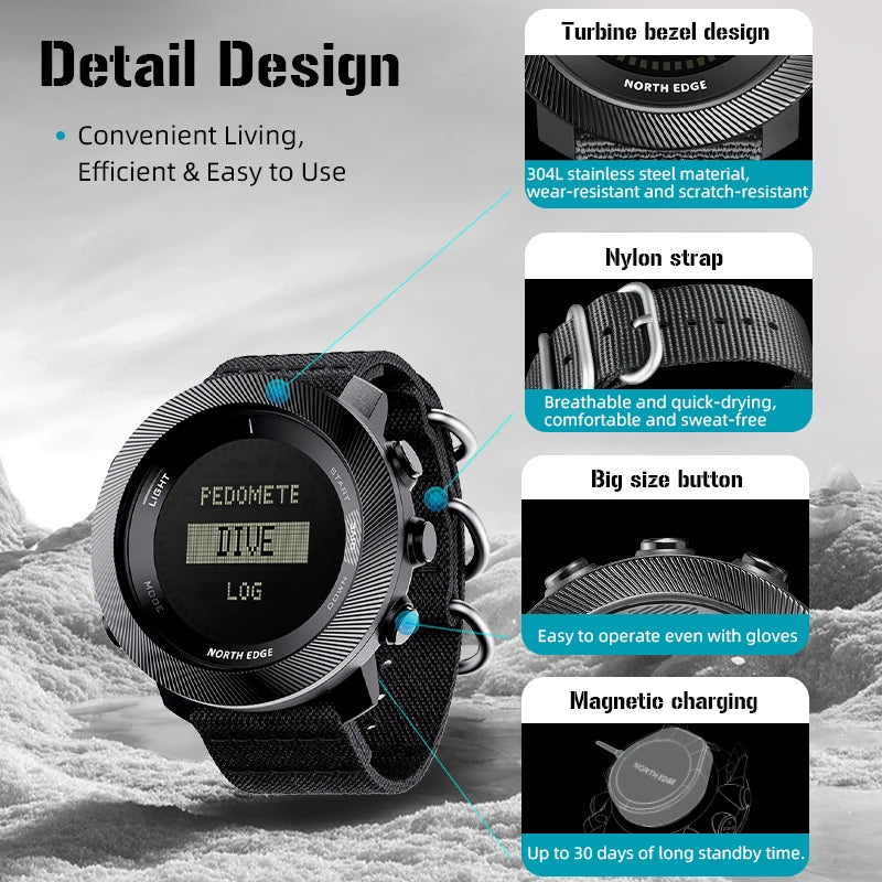 NORTH EDG APACHE-D Men's Digital Free Dive Watch Outdoor Sport Watches Altitude Barometer Compass World Time Waterproof 100M