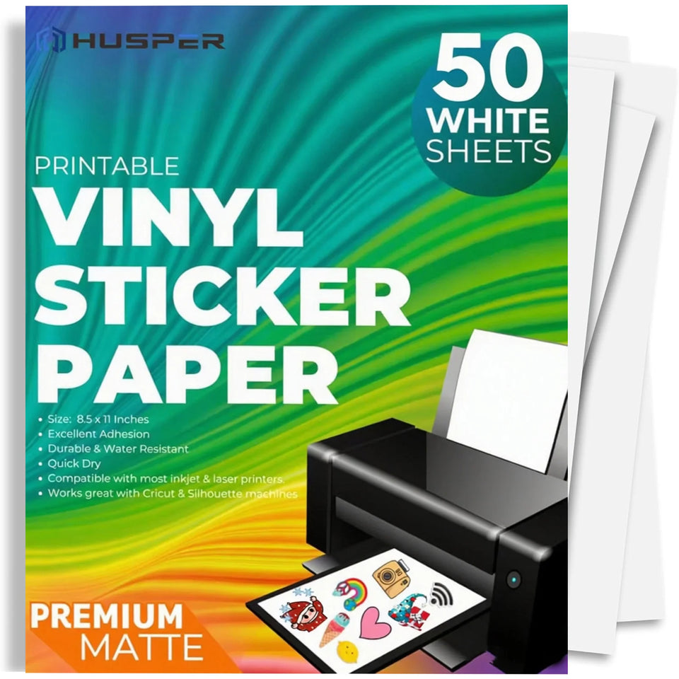 Premium Printable Vinyl Sticker Paper for Inkjet and Laser Printer - 50 White Matte Sticker Paper Waterproof