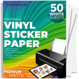 Premium Printable Vinyl Sticker Paper for Inkjet and Laser Printer - 50 White Matte Sticker Paper Waterproof