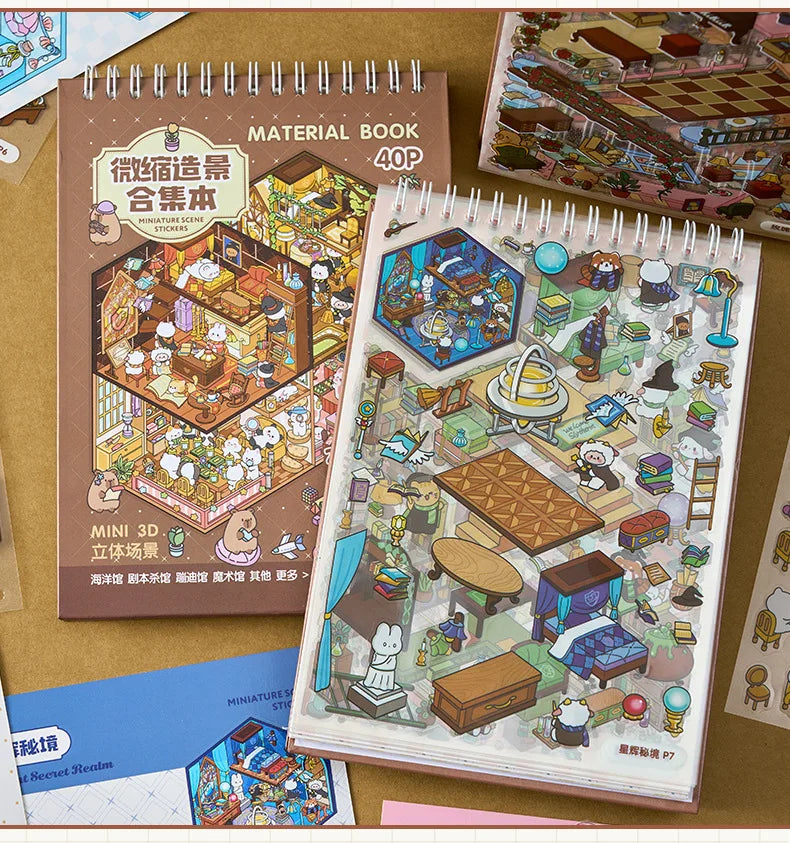3D Miniature Scene Sticker Book, 40pcs/bag+1 tweezers set DIY Dollhouse Journal Scrapbooking Creative Gifts (Sticker Spark)