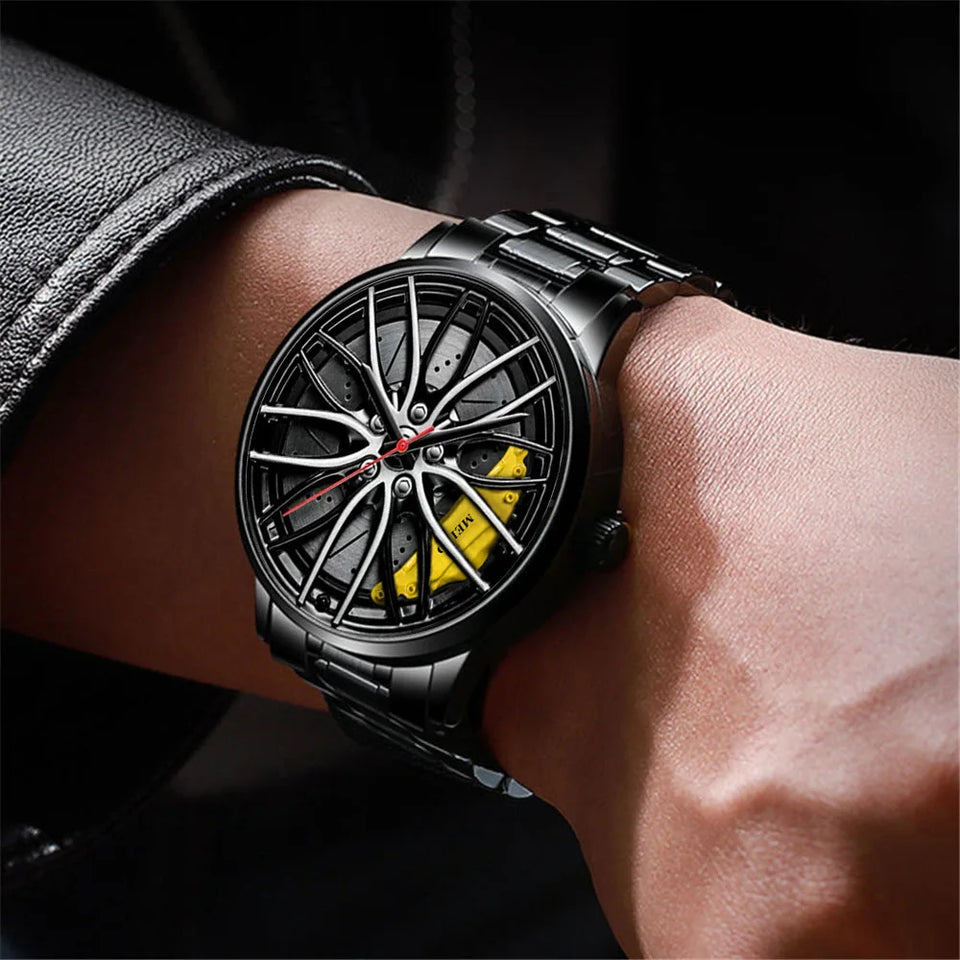 New Top Men Stainless Steel Watches Mens Car Wheel Hub Leather Quartz Watch For Male Military Sport Watch Relogio Masculino Hot