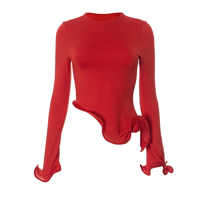 Shestyle Red Asymmetrical Ruffles T-Shirts Women Iron Shape Crew Neck Autumn Glowing Flare Sleeve Crop Tops New Arrivals Tees