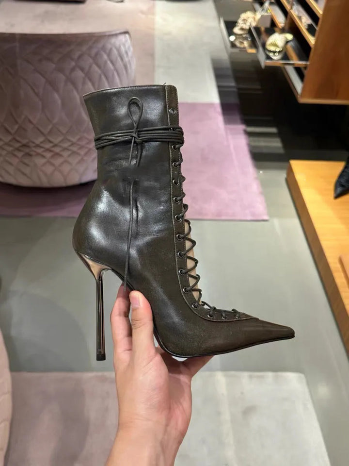 Hollow Out Cross Tie Fashion Pointed Sexy Mesh Leopard Print Perspective High-Heeled Women's Motorcycle Style Short Boots