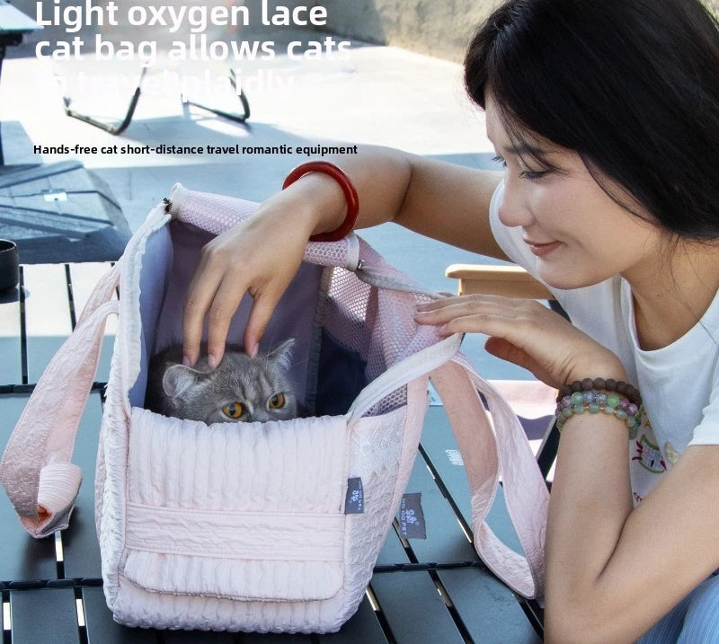 Pink Lace Cat Carrier Pet Backpack Breathable Small Dog Bag Shoulder Handheld Outing Pet Seat Carrier Pack Puppies Breathable