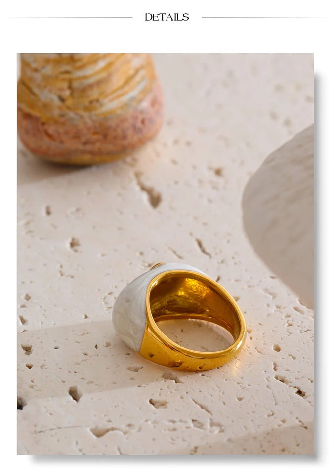 Yhpup Size 6789 New Arrivals White Enamel Heart Casting Ring Waterproof 18K Gold Color PVD Plated Stylish Chic Jewelry