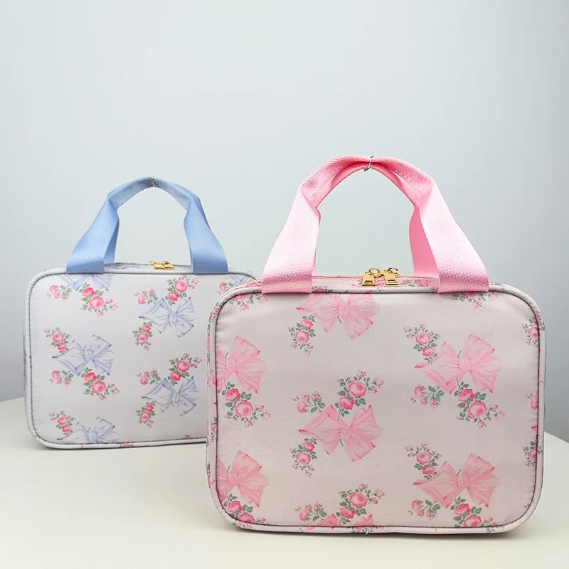 2PCS/SET Trendy Flower Bow Printing School Bag Lunch Bag Large Capacity Nylon Backpack Cute Students Insulation Ice Bento Box