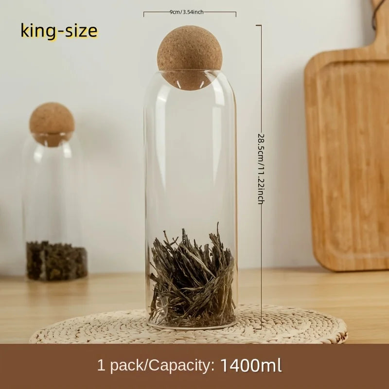 Four size spherical cork transparent glass sealed cans, suitable for storing coffee beans/tea leaves and kitchen storage