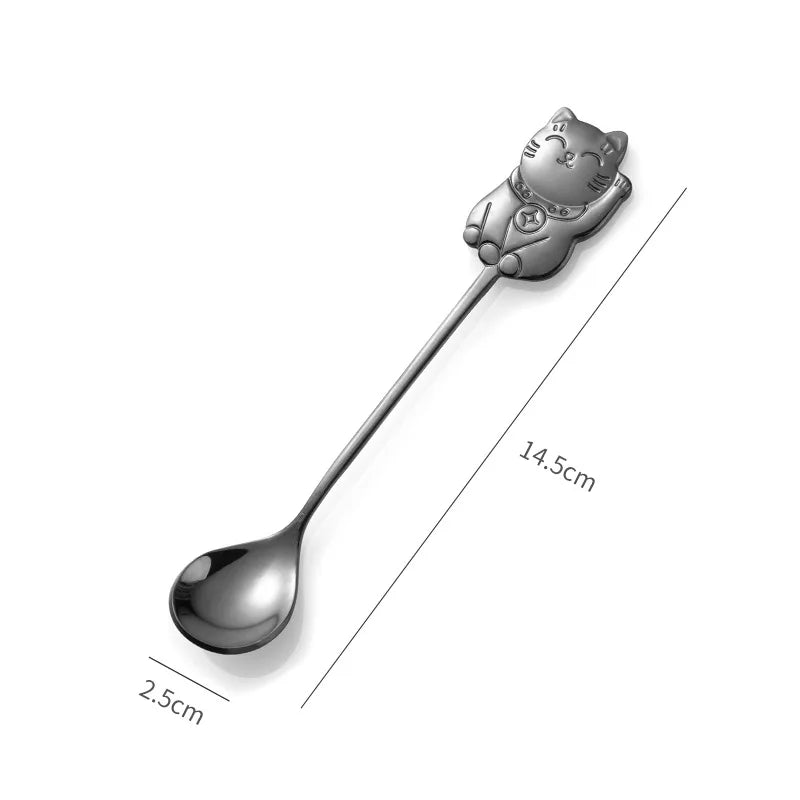 Stainless Steel Coffee Spoon Cute Lucky Cat Shape Teaspoon Dessert Snack Scoop Ice Cream Mini Spoons Tableware Kitchen Tools