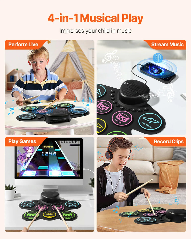 SucceBuy Electric Drum Set 7-Pad / 9-Pad Roll-up Drum Practice Pad Electronic Drumset Portable Instrument Toy for Kids Ages 3+