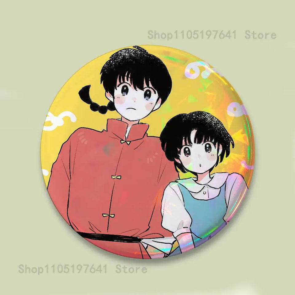 COOL Ranma 1 2 Reflective Pin Tinplate Round Brooch Cartoon Cosplay Badges for Bag Hat Toys Gifts