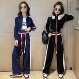 Spring Autumn Girl Striped Cropped Full Zip Sweatshirt+Loose Drawstring Sweatpant Set School Kids Tracksuit Child Outfit 3-16Yrs