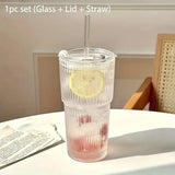 400/600ML Stripe Glass Coffee Cup With Lid and Without Cover Straw Transparent Drinking Glasses for Juice Iced Coffee Mugs
