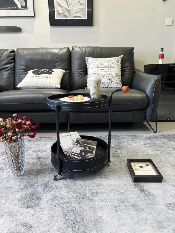 2025 New Light Luxury Sofa Side Table Movable Hotel Room Saddle Leather Trolley Home Bedroom Storage Bedside Small Coffee Table