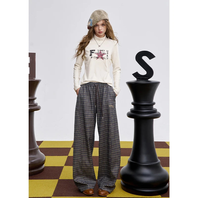 ELFSACK 2025 Winter New Arrivals Casual Loose Embroidered Plaid Long Pants For Woman