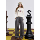 ELFSACK 2025 Winter New Arrivals Casual Loose Embroidered Plaid Long Pants For Woman