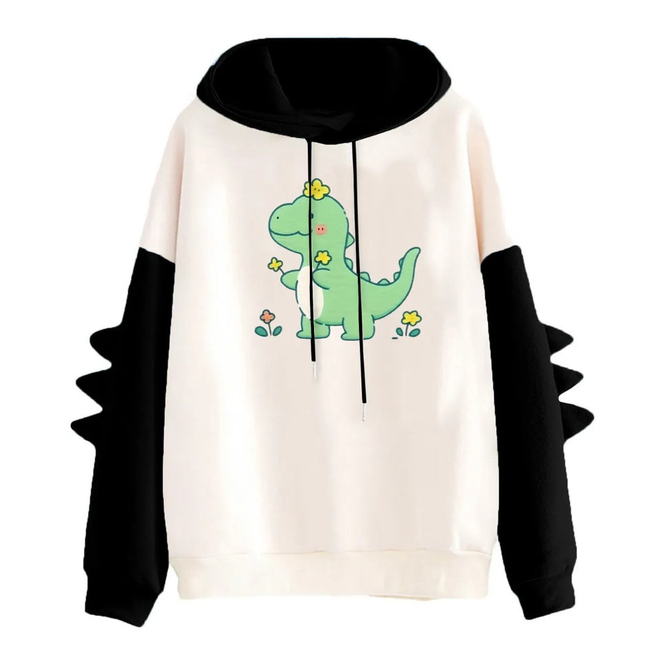 Winter Cute Dinosaur Cartoon Hoodie Women Fashion Sweatshirt Casual Print Long Sleeve Korean Style Splice Tops Kawaii Clothes