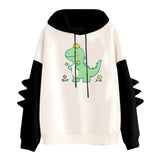 Winter Cute Dinosaur Cartoon Hoodie Women Fashion Sweatshirt Casual Print Long Sleeve Korean Style Splice Tops Kawaii Clothes