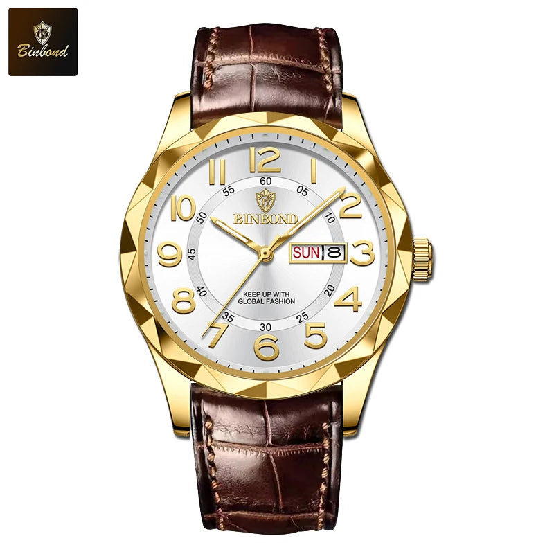 BINBOND New Fashion Mens Casual Sports Watches For Men Retro Big Dial Quartz Watches Classic Leather Business Men Watches B5663