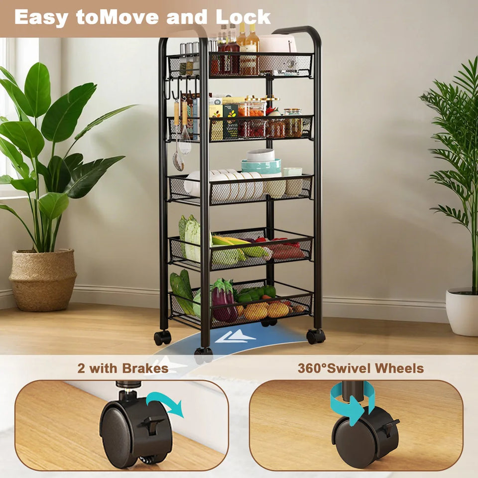5-Tier Rolling Storage Organizer, Mobile Utility Cart, Kitchen Cart With Wheels, Storage Shelves Multifunctional Storage Cart