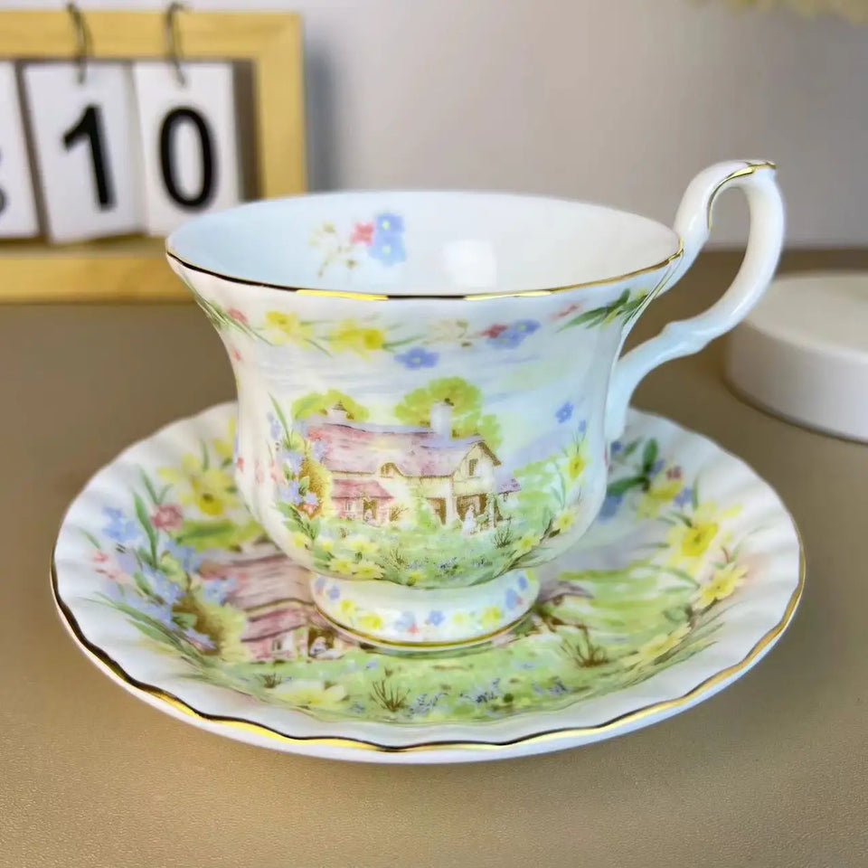 Ceramic Cup and Saucer Spring Summer Autumn Winter Coffee Cup Saucer Dinner Plate Dim Pot Black Teacup European Bone China Mug