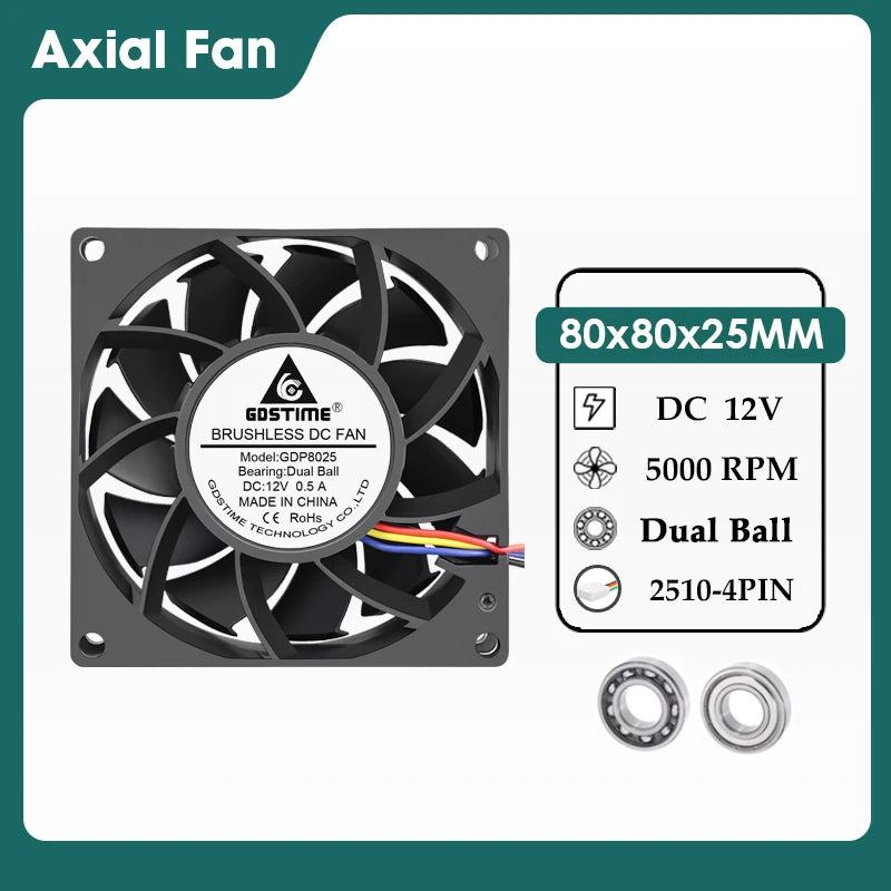 Gdstime DC 5V 12V 24V Fan 80mm*25mm PC CPU Cabinet Cooler Fan 8025 Dual Ball Axial Cooling Fan for Computer Case&Laptop Cooling