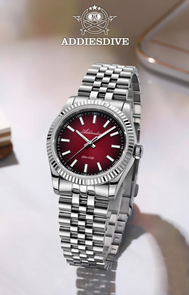 ADDIESDIVE AD2073 Men's Business Watch Sapphire Glass Stainless Steel Quartz Wristwatches Gradient Red Dial Watches Reloj Hombre