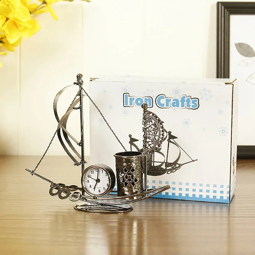 Creative Sailboat Shaped Pen Holder With Clock Office Pencil Box Desk Organizer Stand Case Stationery, Home Desktop Decoration