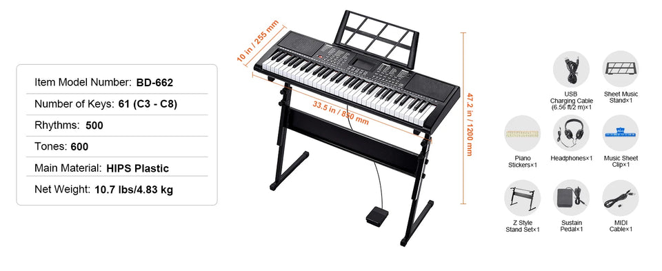 SucceBuy 61 Key Digital Keyboard Piano Electric Portable Piano 200 Tones 200 Rhythms or 600 Tones 500 Rhythms for Beginner Use