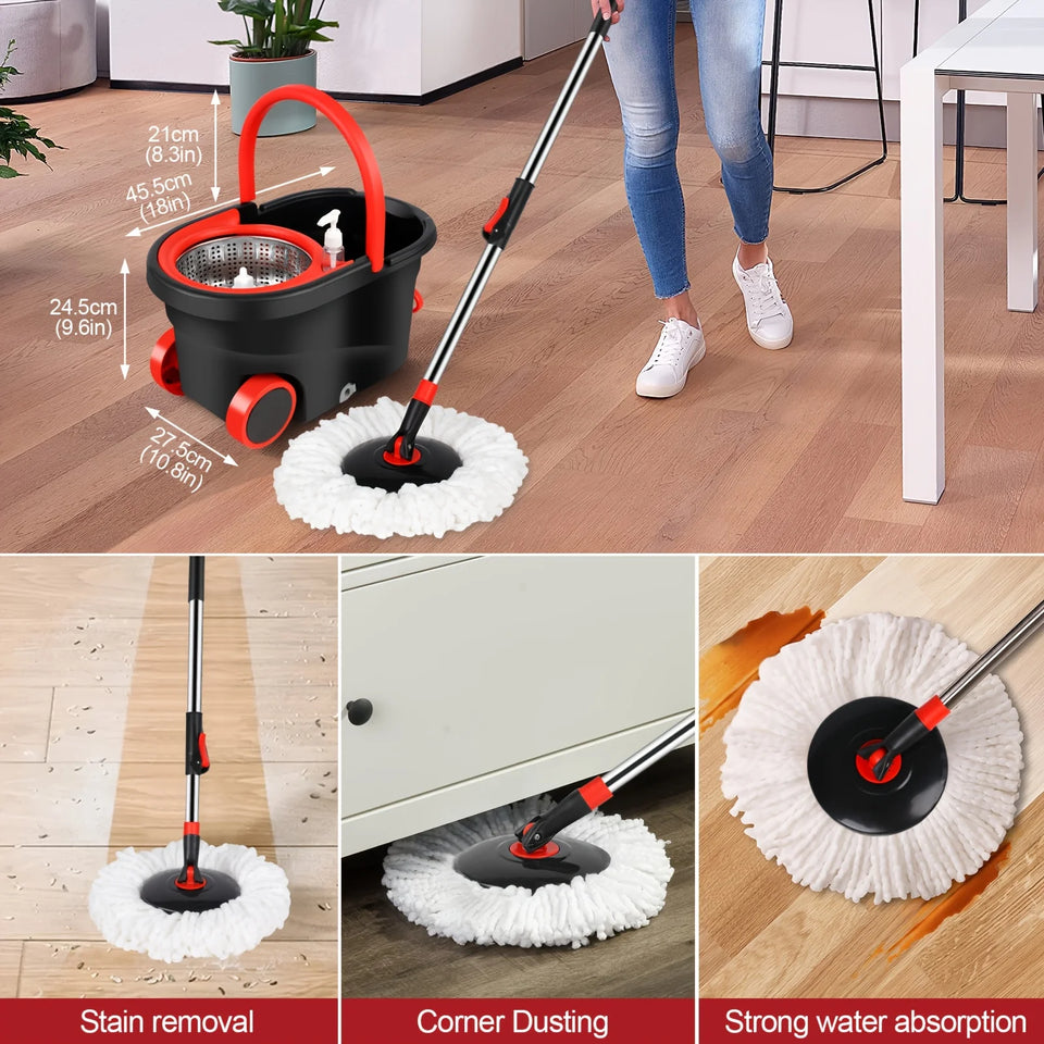 Spin Mop and Bucket Set with Wringer 360° Spinning, 4 Microfiber Mop Heads 61" Adjustable Handle Stainless Steel Floor Cleaner