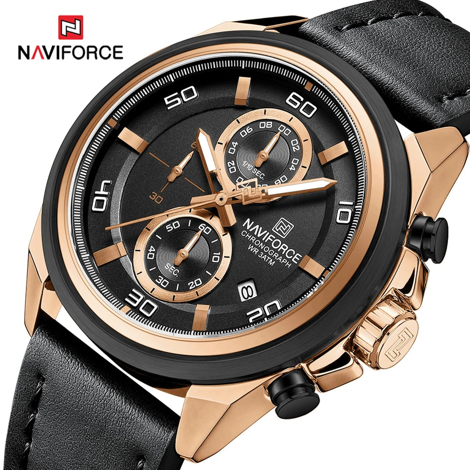NAVIFORCE Waterproof Watches for Men Original Brand Luxury Leather Men's Quartz Wristwatch Fashion Military Chronograph Male