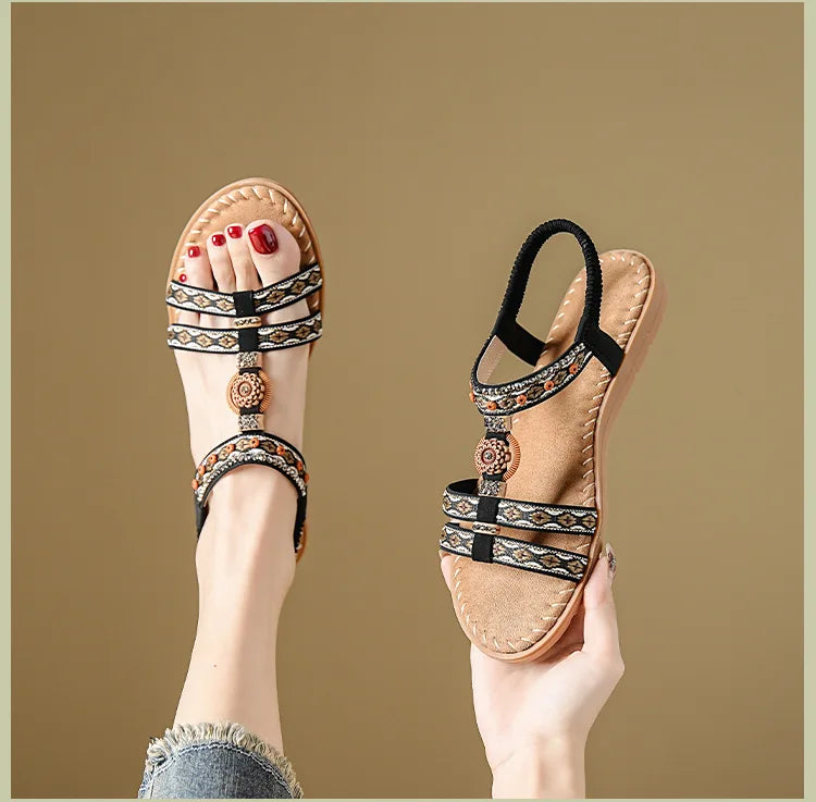 Women's sandals summer bohemian one line elegant slimming anti slip comfortable daily vacation flat beach shoes