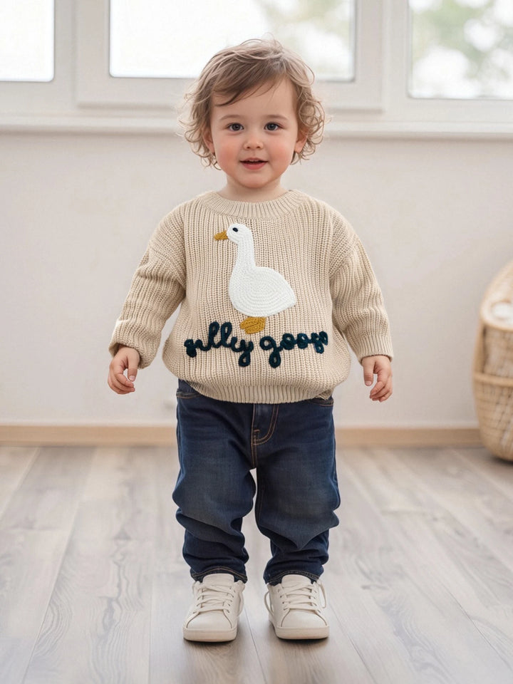 0-3T Toddler Baby Boy Girl Knit Sweater Silly Goose Embroidery Long Sleeve Knitted Sweatshirt Warm Fall Winter Clothes
